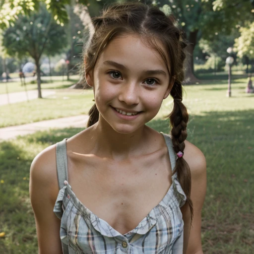  girl with medium length brown hair, children's pigtails hair, Caucasian facial structure, a beautiful smile on her face and a deep look, she wearing a button down shirt, bare shoulders, she in a garden, full body view