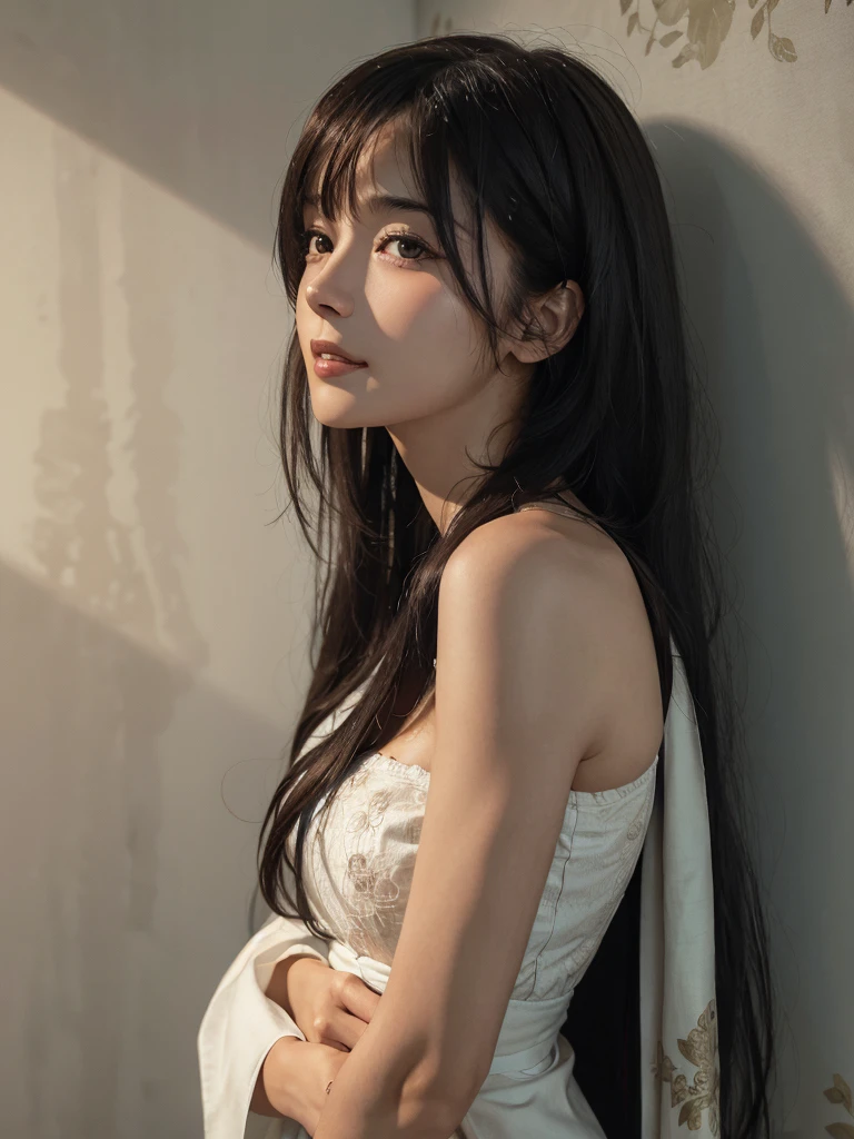 (ultra realistic), (illustration), (higher resolution), (8K), (extremely detaild), (Best illustration), (beautiful and detailed eyes), (best qualityer), (ultra detaild), (work of art ), ( wall-paper), (face detailed), standing alone, 1 girl, gazing at viewer, fine-details, face detailed, in dark, deep-shadows, subtle, pureerosfaceace_v1, smiling, long hair, Black shawl straight hair 46 point oblique bangs