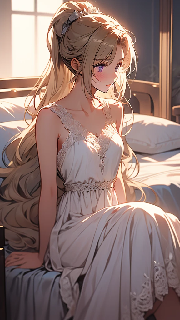 kei Karuizawa, blonde, long ponytail, violet eyes, wavy hair wearing a light, white transparant nightgown. The girl should have a thoughtful expression, blush on her cheeks, lie down on the bed with a serene atmosphere. Include delicate details like lace and soft shadows to enhance the overall gentle and dreamy ambiance