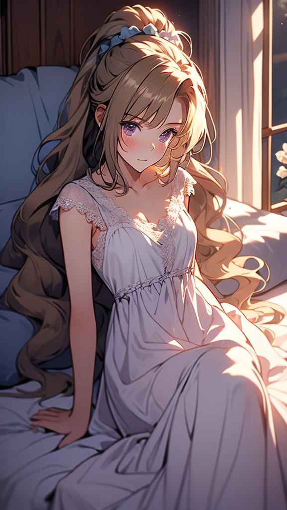 kei Karuizawa, blonde, long ponytail, violet eyes, wavy hair wearing a light, white transparant nightgown. The girl should have a thoughtful expression, blush on her cheeks, lie down on the bed with a serene atmosphere. Include delicate details like lace and soft shadows to enhance the overall gentle and dreamy ambiance