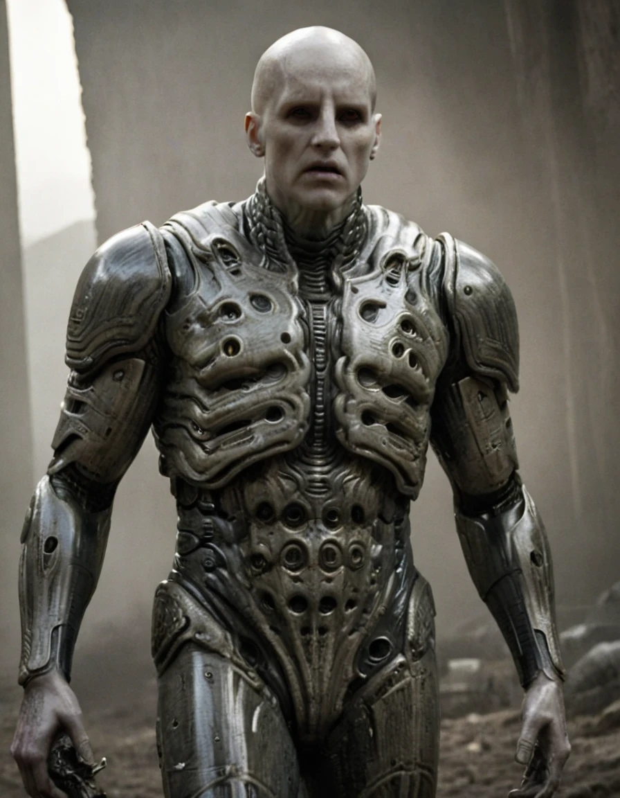 Engineer1024, cinematic movie still of the Prometheus movie by Ridley Scott, a bald pale semi-alien male with dark black  eyes, ivory bio-metallic-bone armor inspired by H. R. Giger, extremely detailed pale skin with visible respiratory pores, in a dynamic pose, angry expression,
extremely high quality RAW photograph, exquisite details and textures, highly detailed, ultra detailed photograph, dramatic cinematic lighting, 4k,
highest resolution, (bokeh:1.3), (best quality, masterpiece:1.3), ultra high res, 16k unity wallpaper, intricate details, highest detailed, sharp focus, extreme shadow-play, low key, backlit, (filmgrain:1.3)
dramatic full body shot, wide angle view
ancient ruins of an otherworldly alien planet , dusty atmospheric haze, mesmerizing fog, dark pastel colors
