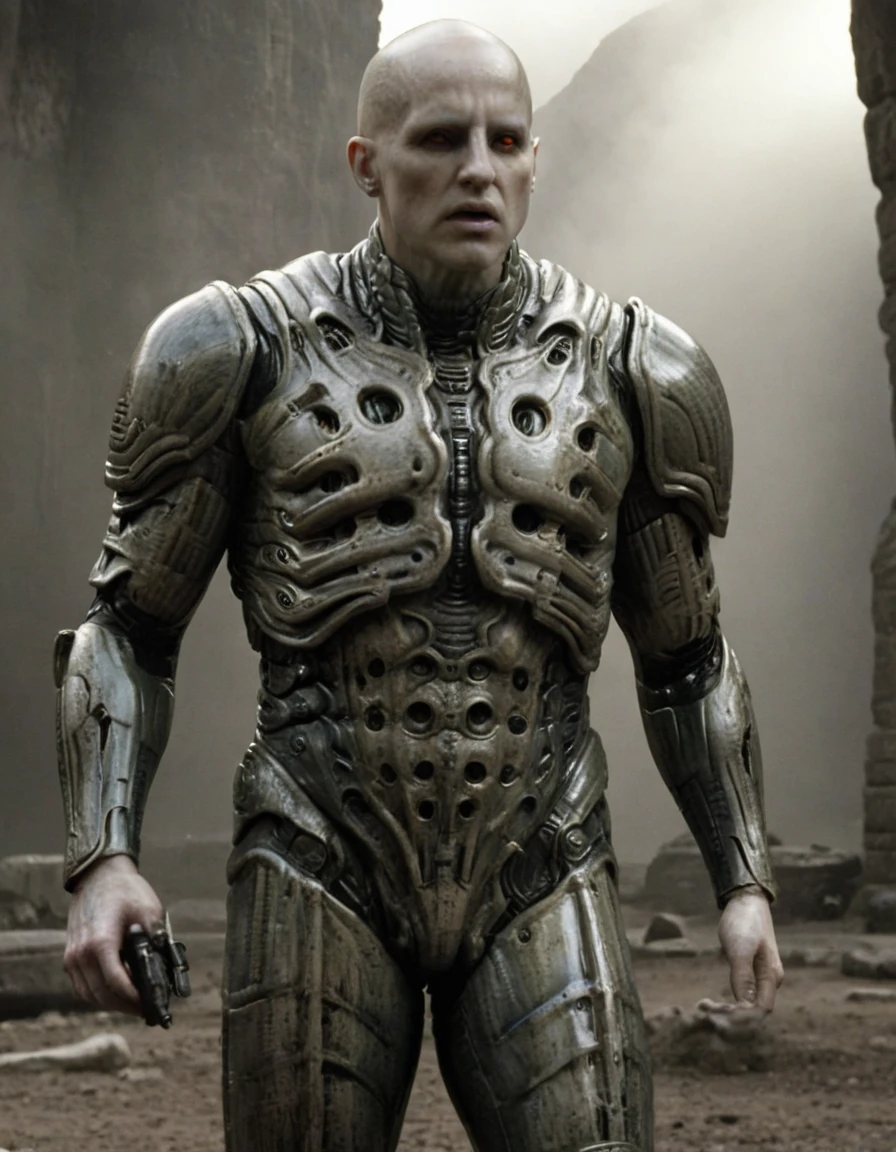 Engineer1024, cinematic movie still of the Prometheus movie by Ridley Scott, a bald pale semi-alien male with dark black  eyes, ivory bio-metallic-bone armor inspired by H. R. Giger, extremely detailed pale skin with visible respiratory pores, in a dynamic pose, angry expression,
extremely high quality RAW photograph, exquisite details and textures, highly detailed, ultra detailed photograph, dramatic cinematic lighting, 4k,
highest resolution, (bokeh:1.3), (best quality, masterpiece:1.3), ultra high res, 16k unity wallpaper, intricate details, highest detailed, sharp focus, extreme shadow-play, low key, backlit, (filmgrain:1.3)
dramatic full body shot, wide angle view
ancient ruins of an otherworldly alien planet , dusty atmospheric haze, mesmerizing fog, dark pastel colors
