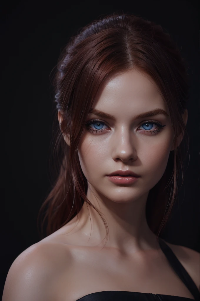 woman with medium-hair ,big dark blue eyes, medium hair, red, Auburn-red-hair, pale,soft body,eyeliner,portrait, beautiful woman, beautiful female ,beautiful ,eyeliner , elegant, digital painting, smooth, dramatic lighting, ultra realistic, 8k, art , blur backgrond, black background ,black background,black wallpaper