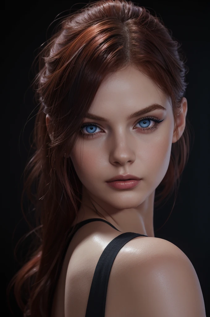 woman with medium-hair ,big dark blue eyes, medium hair, red, Auburn-red-hair, pale,soft body,eyeliner,portrait, beautiful woman, beautiful female ,beautiful ,eyeliner , elegant, digital painting, smooth, dramatic lighting, ultra realistic, 8k, art , blur backgrond, black background ,black background,black wallpaper