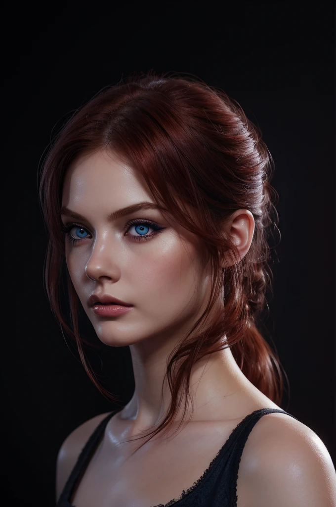 woman with medium-hair ,big dark blue eyes, medium hair, red, Auburn-red-hair, pale,soft body,eyeliner,portrait, beautiful woman, beautiful female ,beautiful ,eyeliner , elegant, digital painting, smooth, dramatic lighting, ultra realistic, 8k, art , blur backgrond, black background ,black background,black wallpaper