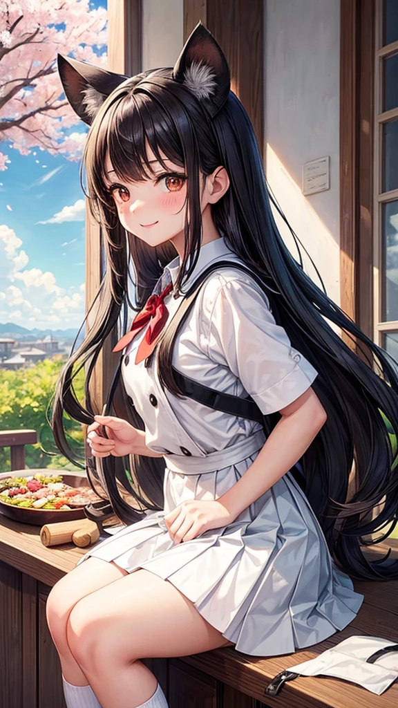 young and beautiful girl. Long black hair in delicate waves, Koala ears on the head, big, caramel brown eyes, blushing cheeks, white and beautiful smile, wears cooking , short pleated white skirt, white high socks, black school shoes, white chef philippine with black buttons, red bow as a tie, a large wooden rolling pin hanging on the back and a school backpack, in the background a gray school with large windows, clear blue sky, some clouds and a huge cherry tree on the left side
