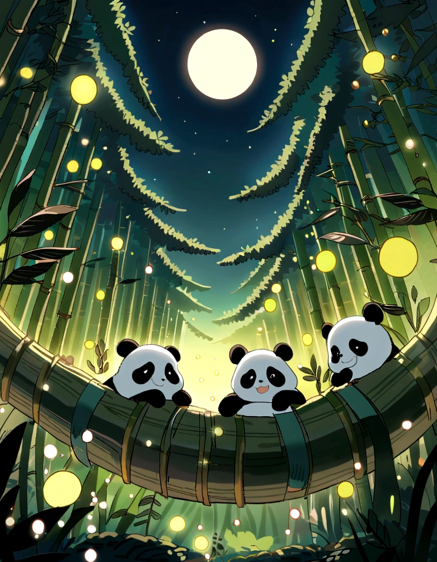KIDS ILLUSTRATION，Silent night, Quiet bamboo forest, Bamboo leaves fall in the wind,Cute and cute giant panda cubs，fatty，Holding bamboo shoots， Full moon in the sky, fireflies flying，（（oc rendered））