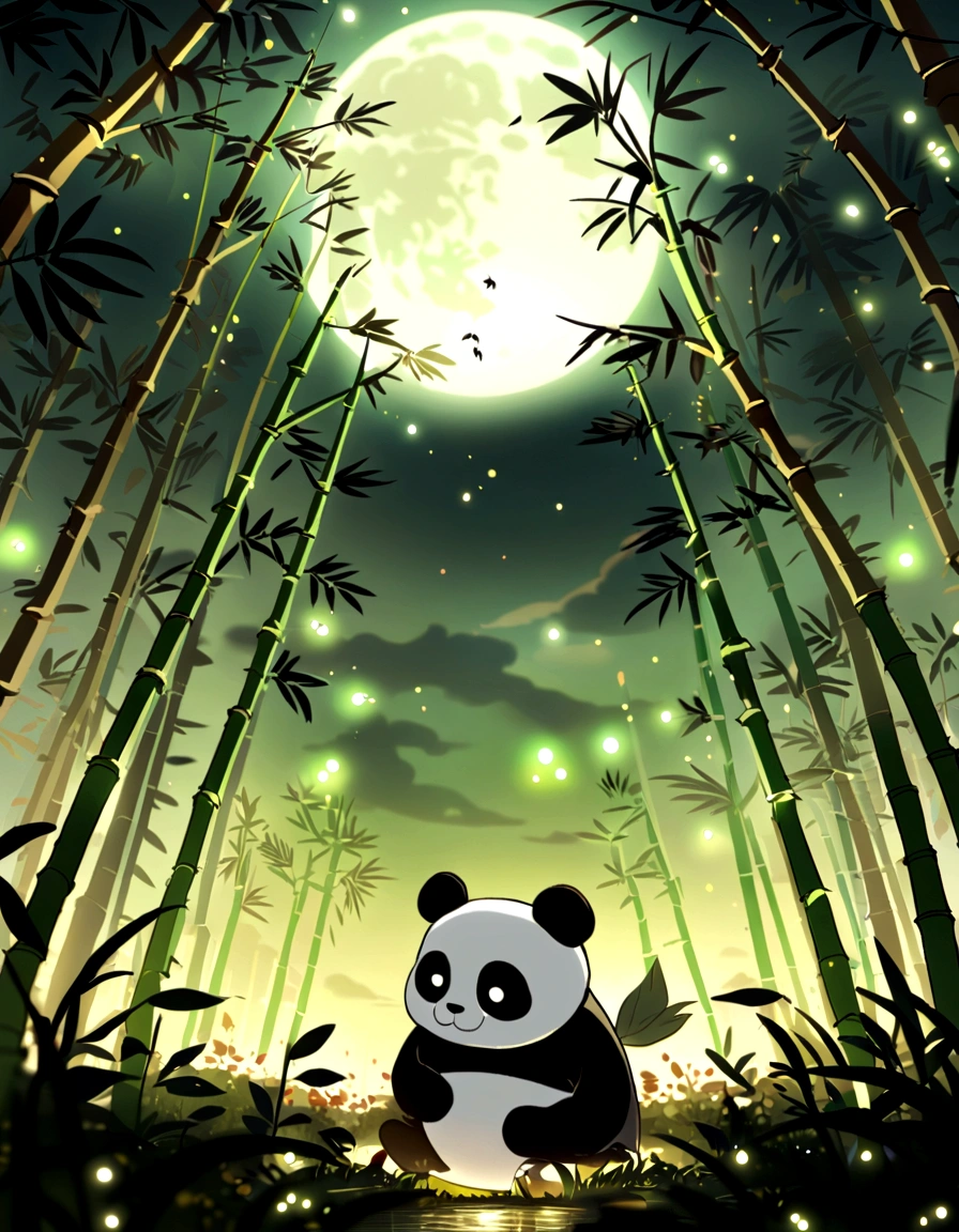 KIDS ILLUSTRATION，Silent night, Quiet bamboo forest, Bamboo leaves fall in the wind,Cute and cute giant panda cubs，fatty，Holding bamboo shoots， Full moon in the sky, fireflies flying，（（oc rendered））