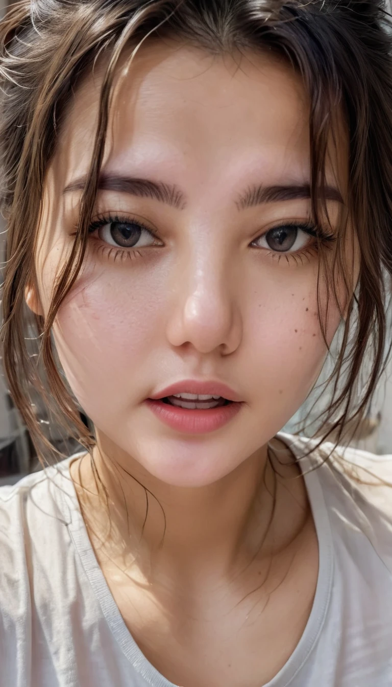 (masterpiece, best quality:1.2), 1girl, solo, a girl take a selfie with a STRICT shirt , HIGHRES, clean face, with accurate face, solo, upper body, potrait, close up potrait, portait photo profile picture, REALISTIC , PHOTOREAL, messy hair, open mouth, perfect face, best image, HIGH RESOLUTION