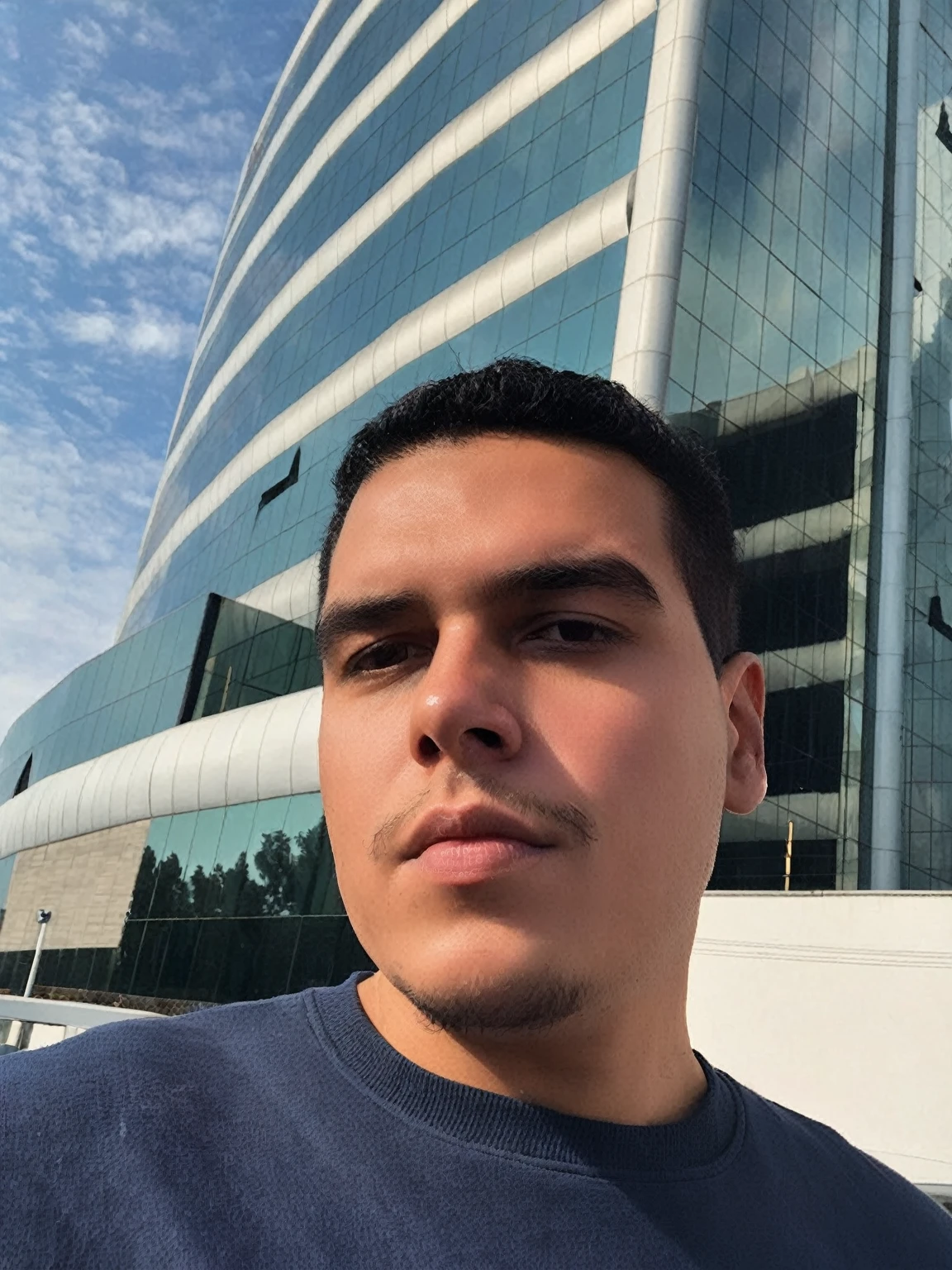 man standing in front of a building with a sky background, about 19 years old, André Rios, 8k selfie photograph, frontal image, christian orrillo, taken at the beginning of 2020, very low quality image, about 20 years old, José Miguel Roman France, Serpentina do Twitch / gamer ludwig, good afternoon lighting