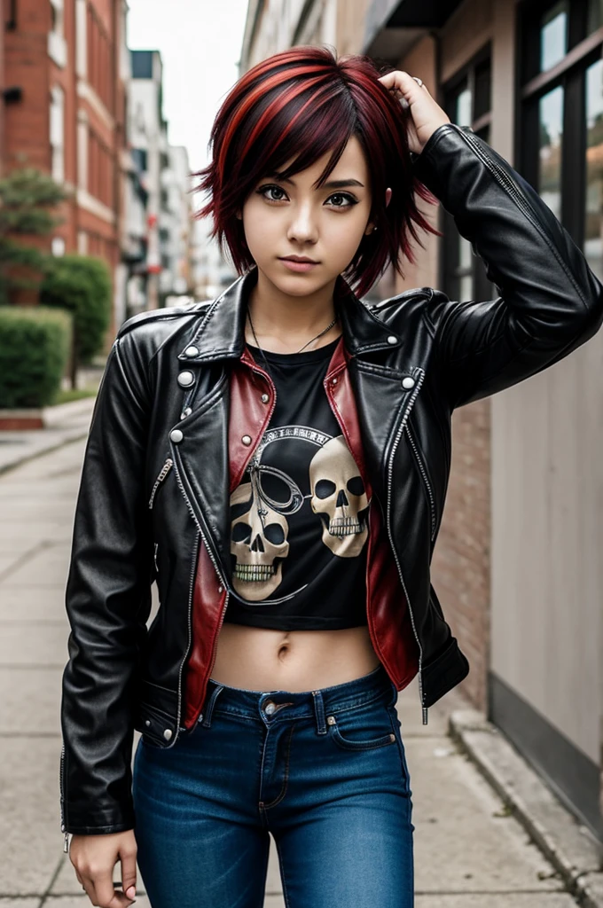 anime; 20 year old woman,short layered hair with red highlights,rocker,black leather jacket,with a skull shirt,black denim pants