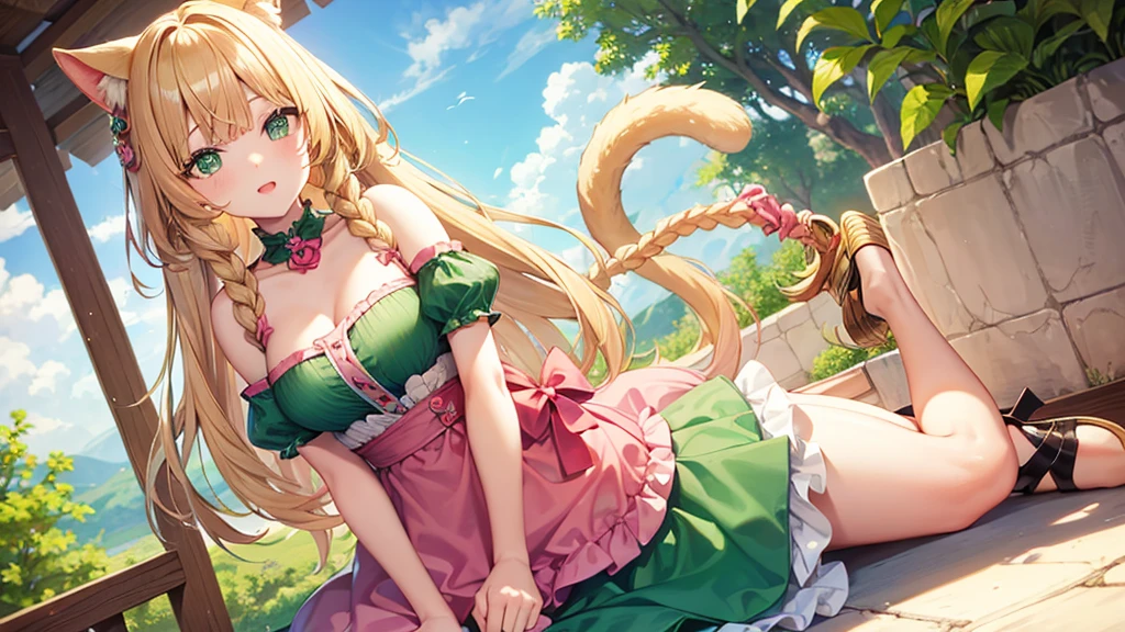 Girl, green eyes, blonde braids, pink drees, with peaches, cat ears and tail