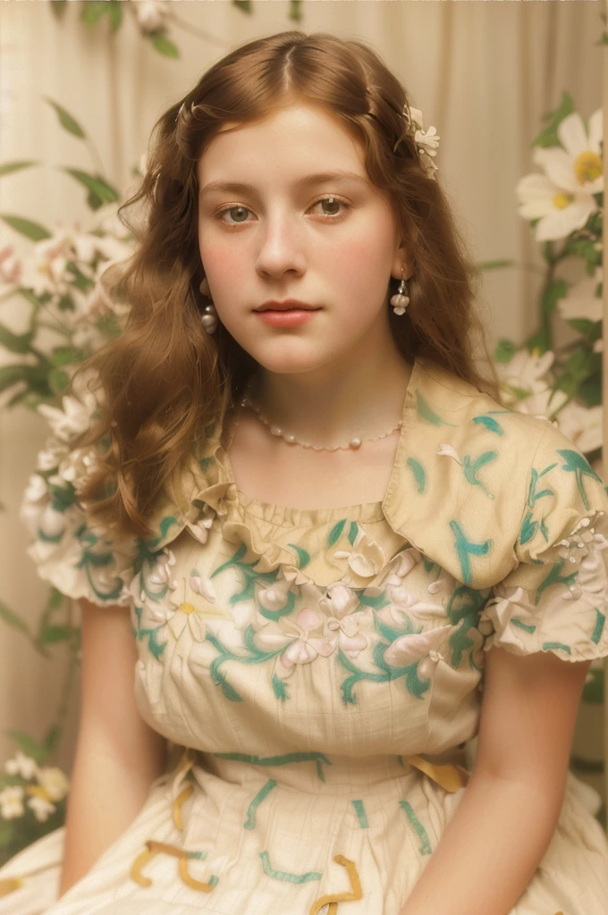 there is a picture of a young girl with a dress on, autochrome pearl portrait, inspired by Henriette Wyeth, a colorized photo, inspired by Laura Theresa Alma-Tadema, colorized background, inspired by Johanna Marie Fosie, sepia toned, in a style blend of botticelli, inspired by Hilde Goldschmidt, color studio portrait, color portrait