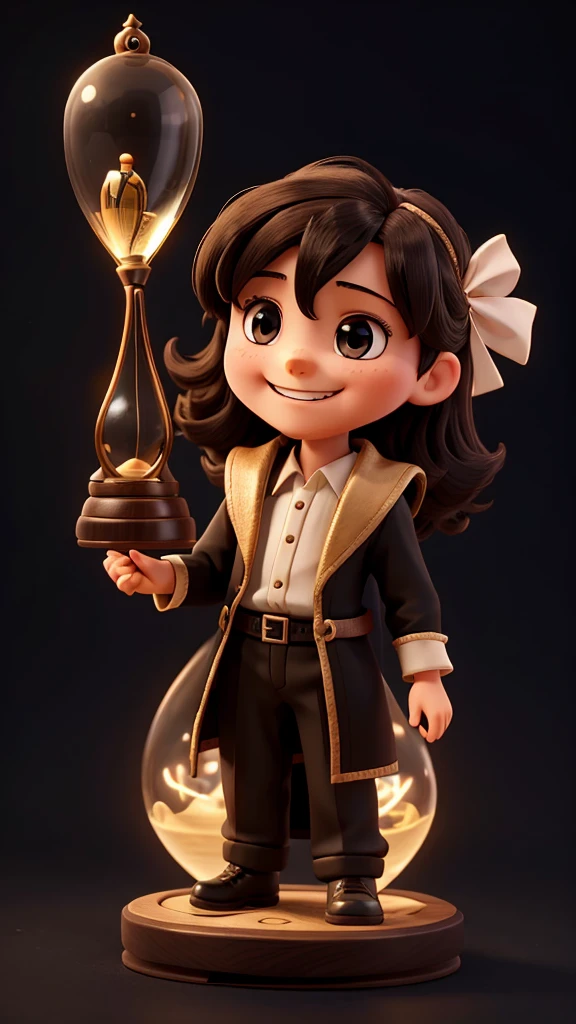 10 year old Jesus smiling with an hourglass, black background, period clothes