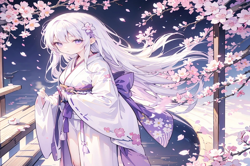 One girl, Long black hair, Purple eyes, Wear a purple kimono, In her left hand she holds a branch with petals, Standing on a bridge in Japan, Cherry Blossom, The petals fell, 8K, View your viewers