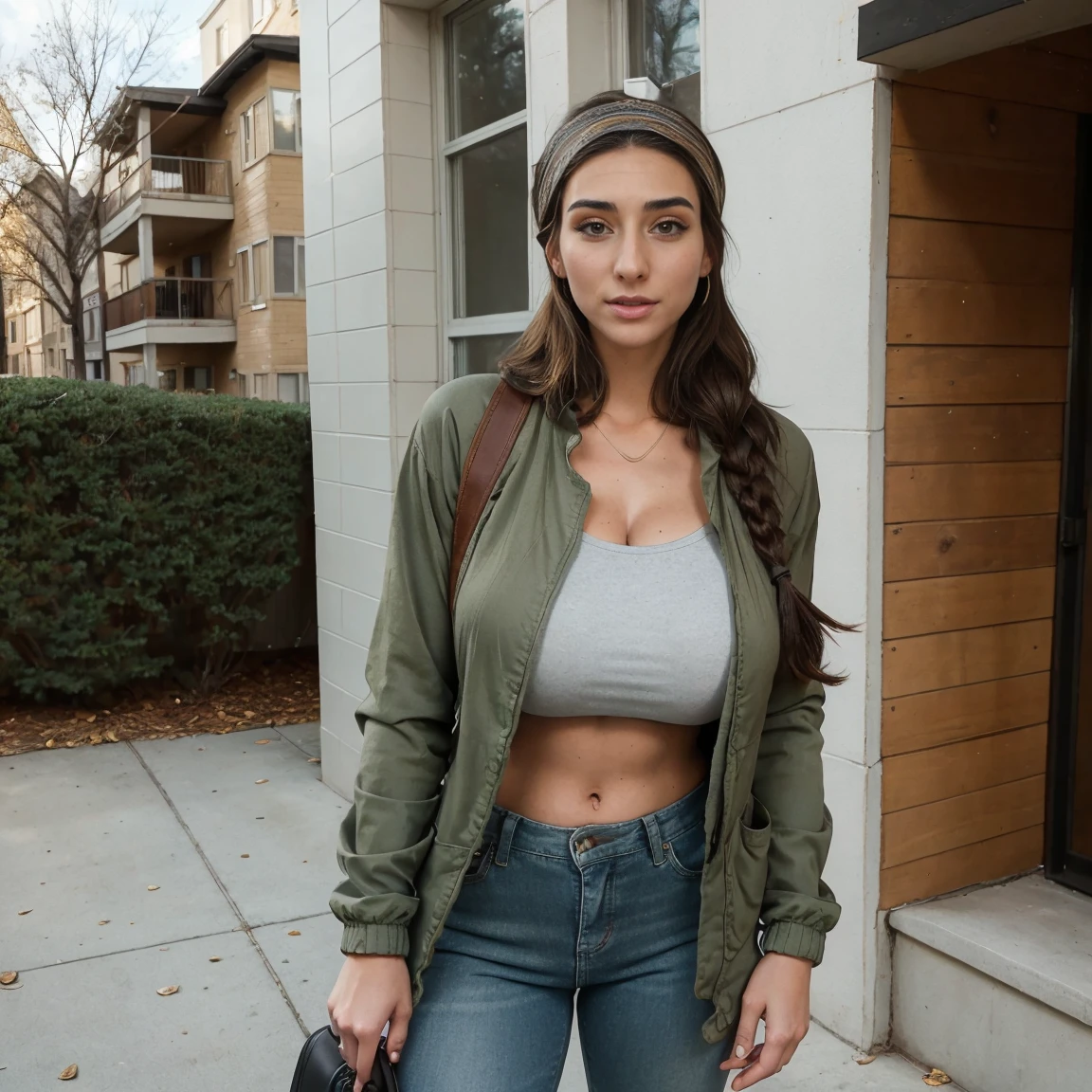 Extremely busty thin and toned brunette photographer, college girl, fair skin, loose side braid, soft face, athletic, bandana babushka headwrap, tight olive green casual windbreaker, skinny jeans. standing in front of her apartment building, outdoors, city, camera bag, cleavage