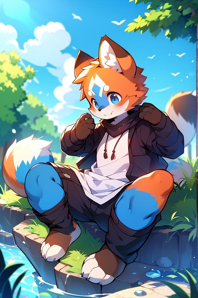 Male Red Panda, One in heat, Sitting,fly in the sky,Blue light