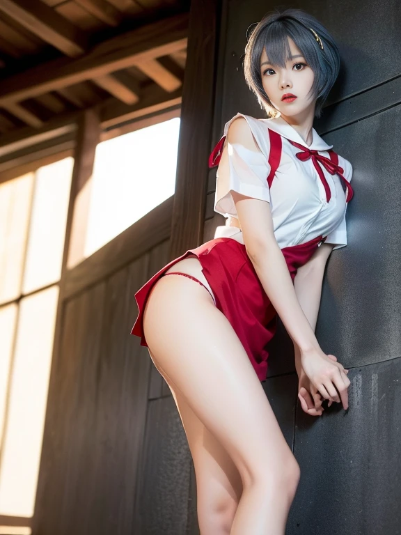 (Mesa, Best Quality, ultra detailed, 8k, wallpaper, photorealistic), ((perfect hands)), ((perfect anatomy)), big neckline,, ((Attractive anime girl 1)), ((Rei Ayanami)), ((Capturing her ethereal beauty with pale skin., The dense short indigo hair is stunning.)),Clean and detailed faces will appeal to viewers、 ((bright red lips)), ((executive uniform))、((red panties muy marcadas), ((medium shot, from below)), Kamimei(Mesa, Best Quality, ultra detailed, 8k, wallpaper, photorealistic), ((perfect hands)), ((perfect anatomy)), big neckline,((Attractive anime girl 1)), ((Rei Ayanami)), ((Capturing her ethereal beauty with pale skin., The dense short indigo hair is stunning.)),Clean and detailed faces will appeal to viewers、 ((bright red eyes)), ((high school uniform))、((red panties), ((medium shot, from below)), Kamimei, high heels