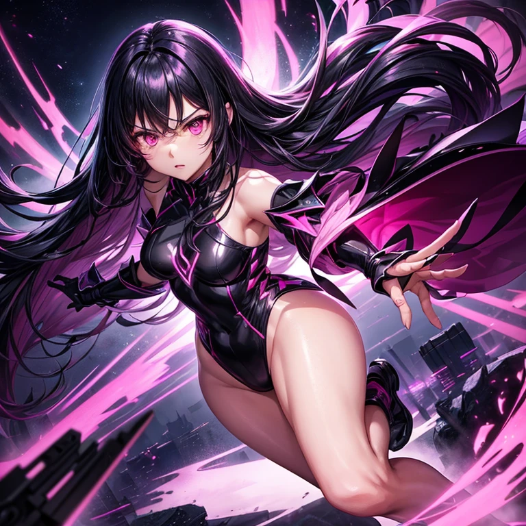 into the image, we see a protagonist with long black hair, with big, dark eyes, that shine with an intense pink tone. She's in a dynamic pose, leaping into the air with a black sword engulfed in pink flames, the blade reflecting the light of the full moon. The background is a futuristic city, with dark skyscrapers lit by pink and purple neons. Storm clouds form above, creating a dark and dramatic atmosphere. Ao redor dela, small luminous spirits in shades of pink float, suggesting she possesses supernatural powers. Action lines and motion effects capture the intensity of the moment, making the scene vibrant and full of dark energy with touches of pink.