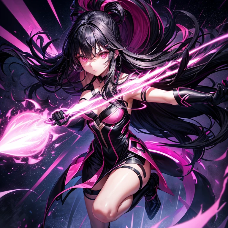 into the image, we see a protagonist with long black hair, with big, dark eyes, that shine with an intense pink tone. She's in a dynamic pose, leaping into the air with a black sword engulfed in pink flames, the blade reflecting the light of the full moon. The background is a futuristic city, with dark skyscrapers lit by pink and purple neons. Storm clouds form above, creating a dark and dramatic atmosphere. Ao redor dela, small luminous spirits in shades of pink float, suggesting she possesses supernatural powers. Action lines and motion effects capture the intensity of the moment, making the scene vibrant and full of dark energy with touches of pink.
