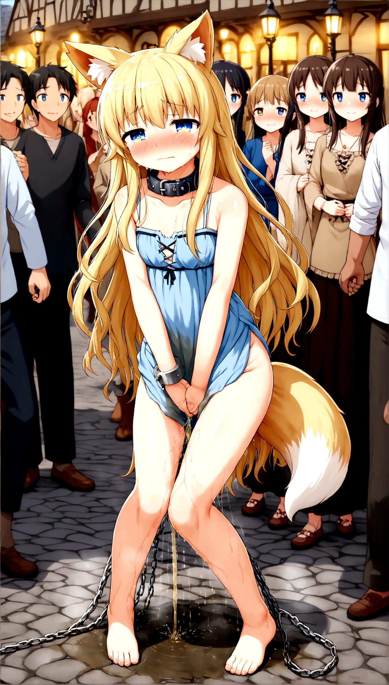 Anime. 1 girl. . Kitsune. Blonde. Long hair. Blue eyes. Beautiful eyes. Perfect eyes. Expressive eyes. Blind eyes. Blind. Ideal face. Ideal anatomical body. Beautiful long legs. Beautiful body. Beautiful nose. Fox ears. Fox's tail. 12 ybarrassment. Blush. Beautiful character design. Shiny skin. Dirty tunic. Torn Tunic. Slave. Collar. Shackles. On a chain. No panties. Barefoot. White cane in hand. Hand on crotch. Urinary incontinence. She wants to pee. She needs to pee. She has a strong, desperate urge to pee. He squeezes his crotch tightly. Rubbing the crotch. Slight forward bend. She peed herself. The girl can't stand straight. She pees standing up. She peed herself while standing in the raov market. Middle Ages. Fantasy. City. Town Square. Slave market. Tears on eyes. Cry. Snot flows from the nose. Whole body. nsfw. Official art. Extremely detailed CG Unity 8k wallpaper. Ideal lighting. Ultra high resolution 4K. Super detailed 8K. A high resolution.