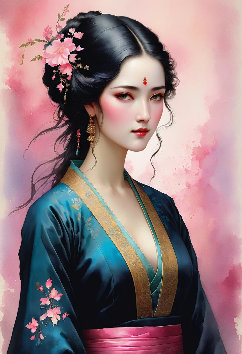 (full body:1.8), portrait of a beautiful empress, blue glowing eyes, imposing look, strong pose, porcelain skin, long black hair, ornate traditional robe, Harrison Fisher and Catrin Welz-Stein art style, vivid colors, pink color palette, highly detailed, cinematic lighting, dramatic pose, elegant, graceful, regal, intricate details, masterpiece, photorealistic, 8k, best quality
