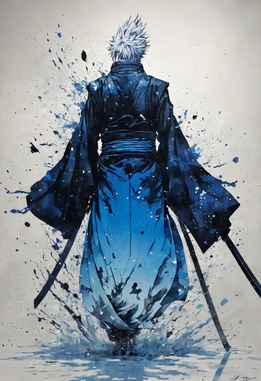 Ink and ink painting,Black and white painting,splash,Beautiful detailed glass hair,Jujutsu Kaisen,Itadori Yuuji,samurai armor,(Blue Butterfly々,Feather powder),back view,looking at viewer,(aerial:1.1),