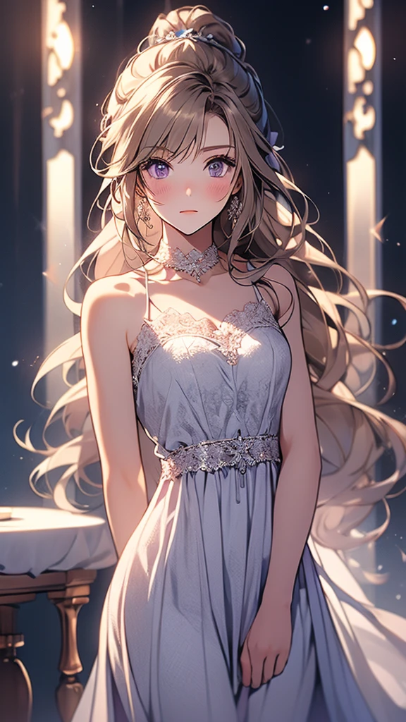 kei Karuizawa, blonde, long ponytail, violet eyes, wavy hair wearing a light, white transparant lace nightgown with a blue bow in the center. The girl should have a thoughtful expression, blush on her cheeks, and be standing in a softly lit room with a serene atmosphere. Include delicate details like lace and soft shadows to enhance the overall gentle and dreamy ambiance