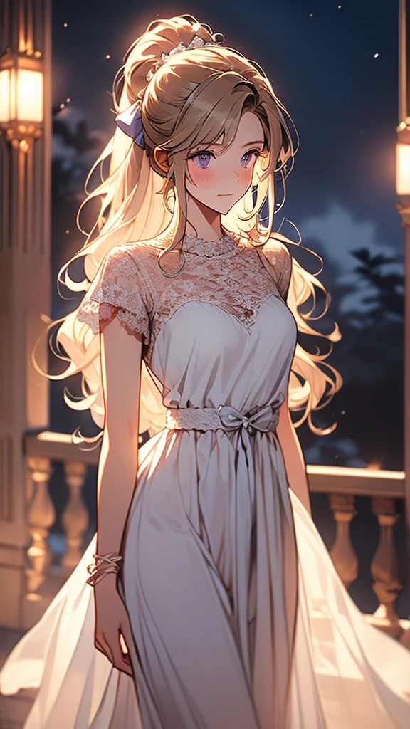 kei Karuizawa, blonde, long ponytail, violet eyes, wavy hair wearing a light, white transparant lace nightgown with a blue bow in the center. The girl should have a thoughtful expression, blush on her cheeks, and be standing in a softly lit room with a serene atmosphere. Include delicate details like lace and soft shadows to enhance the overall gentle and dreamy ambiance