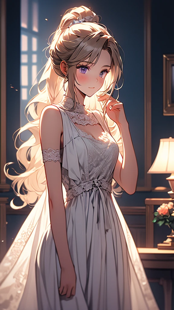 kei Karuizawa, blonde, long ponytail, violet eyes, wavy hair wearing a light, white transparant lace nightgown with a blue bow in the center. The girl should have a thoughtful expression, blush on her cheeks, and be standing in a softly lit room with a serene atmosphere. Include delicate details like lace and soft shadows to enhance the overall gentle and dreamy ambiance