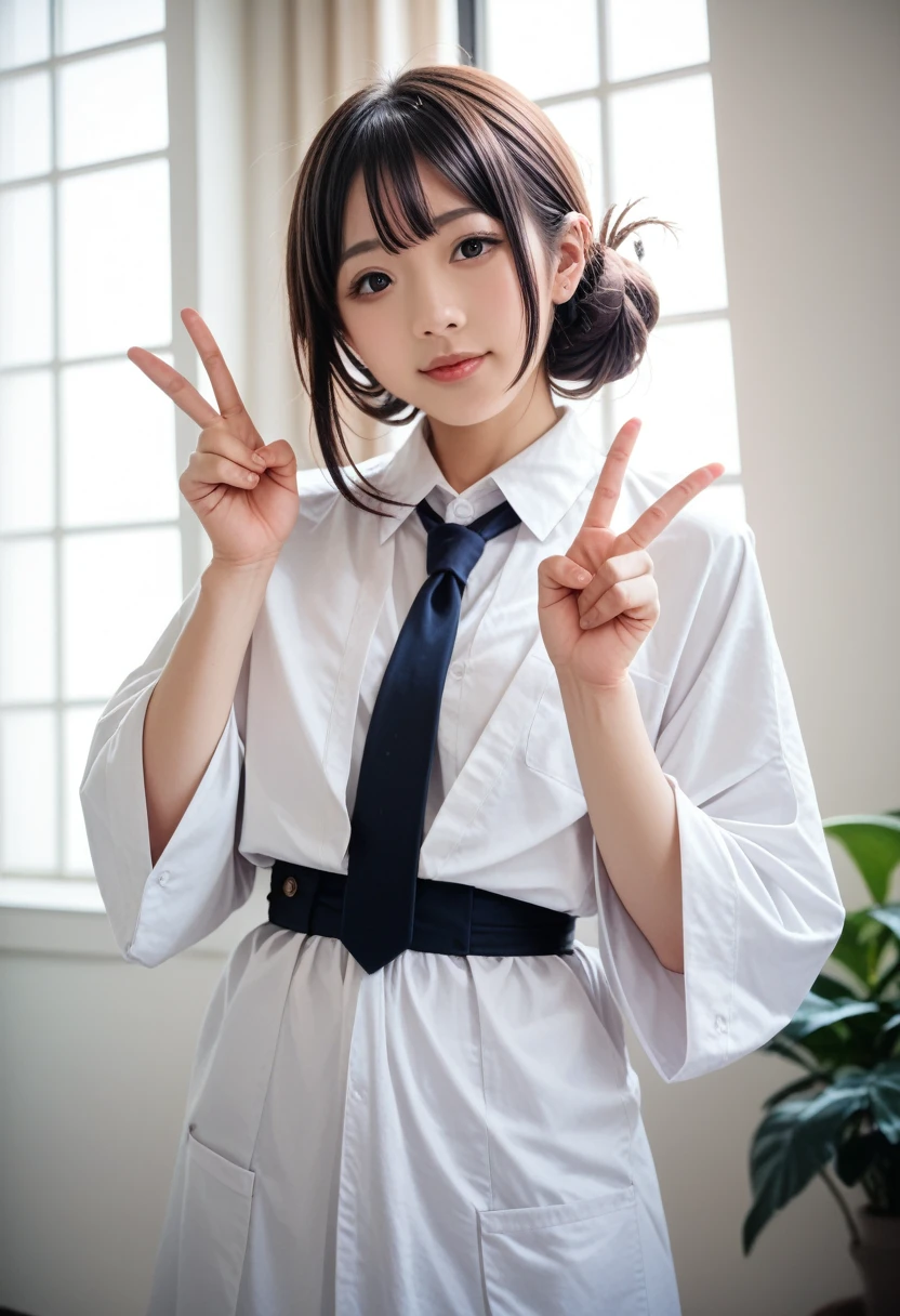 8k, raw photo, best quality, masterpiece, realistic, photo realistic, clear, professional lighting, beautiful face, best quality,ultra high res, realistic japanese beautiful, 1girl, japanese idol outfit, indoor, peace sign