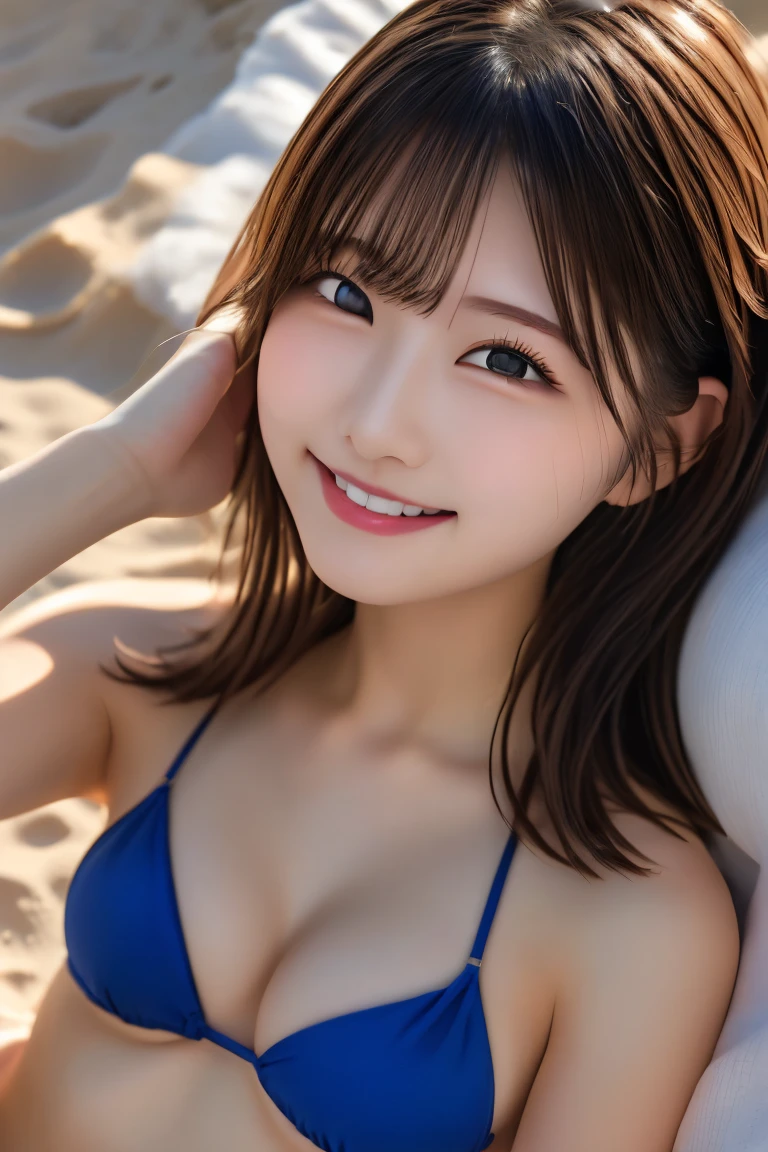 Highest quality, (beautiful)、Ruffled Micro Bikini、Soft boobs、Beach、Sleeping on your stomach、Big 、Place your hand on your cheek、smile、Shoot from above
