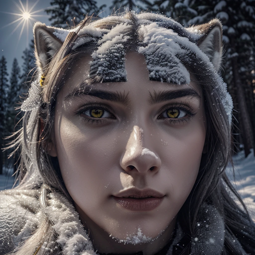 a majestic gray wolf in a snowy winter landscape, detailed fur, piercing yellow eyes, snow-covered pine trees, northern lights in the sky, cinematic lighting, dramatic composition, hyper-realistic, award winning digital art