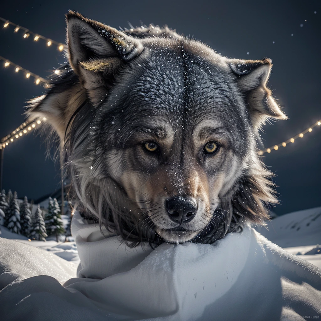 a majestic gray wolf in a snowy winter landscape, detailed fur, piercing yellow eyes, snow-covered pine trees, northern lights in the sky, cinematic lighting, dramatic composition, hyper-realistic, award winning digital art