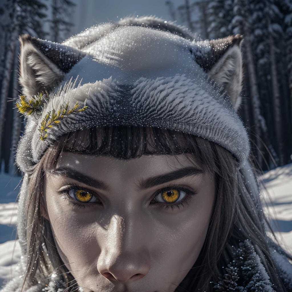 a majestic gray wolf in a snowy winter landscape, detailed fur, piercing yellow eyes, snow-covered pine trees, northern lights in the sky, cinematic lighting, dramatic composition, hyper-realistic, award winning digital art