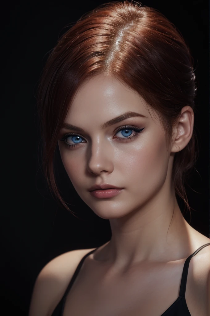 woman with medium-hair ,big dark blue eyes, medium-short-hair, red, Auburn-red-hair, pale,soft body,eyeliner,portrait, beautiful woman, beautiful female ,beautiful ,eyeliner , elegant, digital painting, smooth, dramatic lighting, ultra realistic, 8k, art , blur backgrond, black background ,black background,black wallpaper