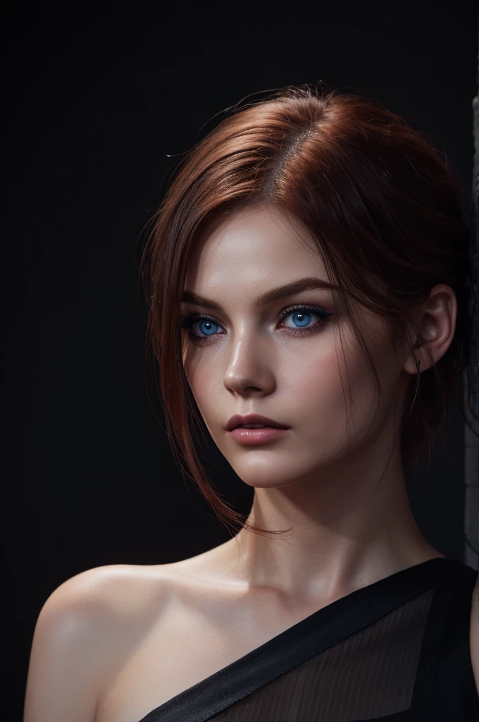 woman with medium-hair ,big dark blue eyes, medium-short-hair, red, Auburn-red-hair, pale,soft body,eyeliner,portrait, beautiful woman, beautiful female ,beautiful ,eyeliner , elegant, digital painting, smooth, dramatic lighting, ultra realistic, 8k, art , blur backgrond, black background ,black background,black wallpaper