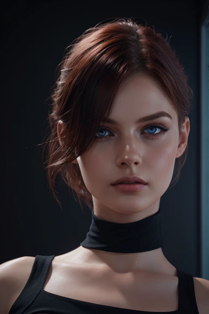 woman with medium-hair ,big dark blue eyes, medium-short-hair, red, Auburn-red-hair, pale,soft body,eyeliner,portrait, beautiful woman, beautiful female ,beautiful ,eyeliner , elegant, digital painting, smooth, dramatic lighting, ultra realistic, 8k, art , blur backgrond, black background ,black background,black wallpaper