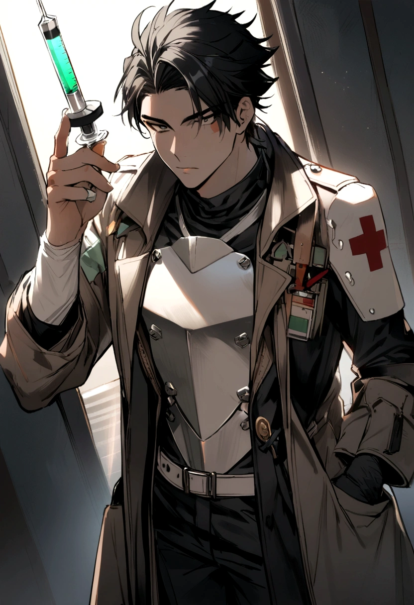 1 men, medic armor, Bblack hair, stylish outfit, Doctor, syringe in hand