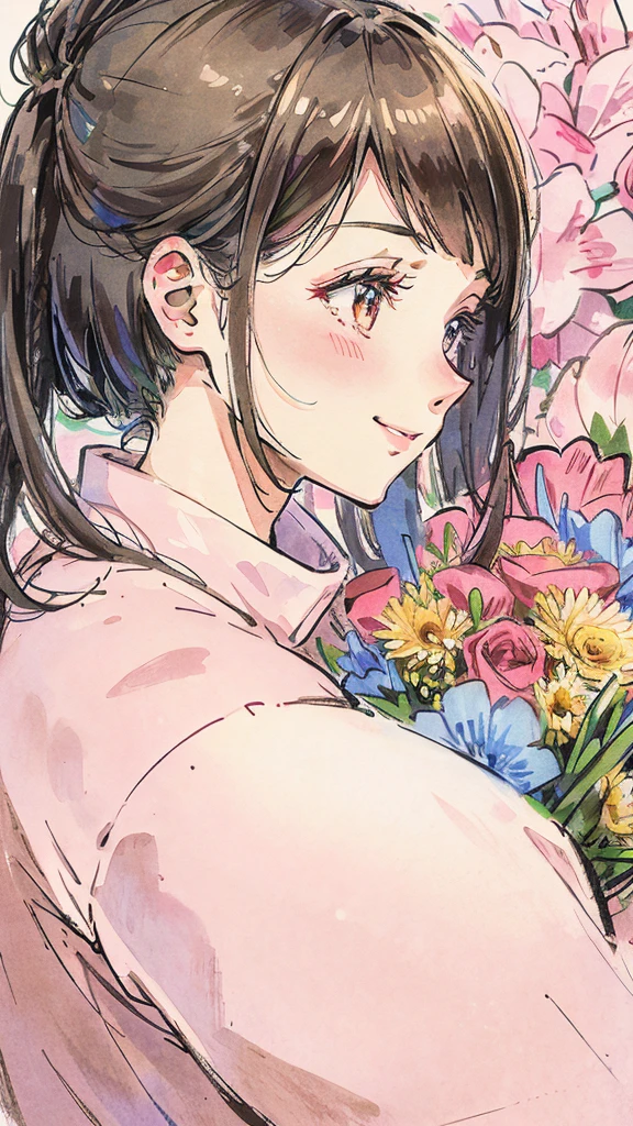 Profile of a woman trying to bury her face in a bouquet of flowers, shy smiling woman, pink, colored pencil drawing