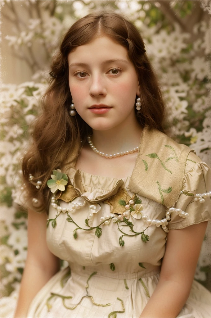 there is a picture of a young girl with a dress on, autochrome pearl portrait, inspired by Henriette Wyeth, a colorized photo, inspired by Laura Theresa Alma-Tadema, colorized background, inspired by Johanna Marie Fosie, sepia toned, in a style blend of botticelli, inspired by Hilde Goldschmidt, color studio portrait, color portrait