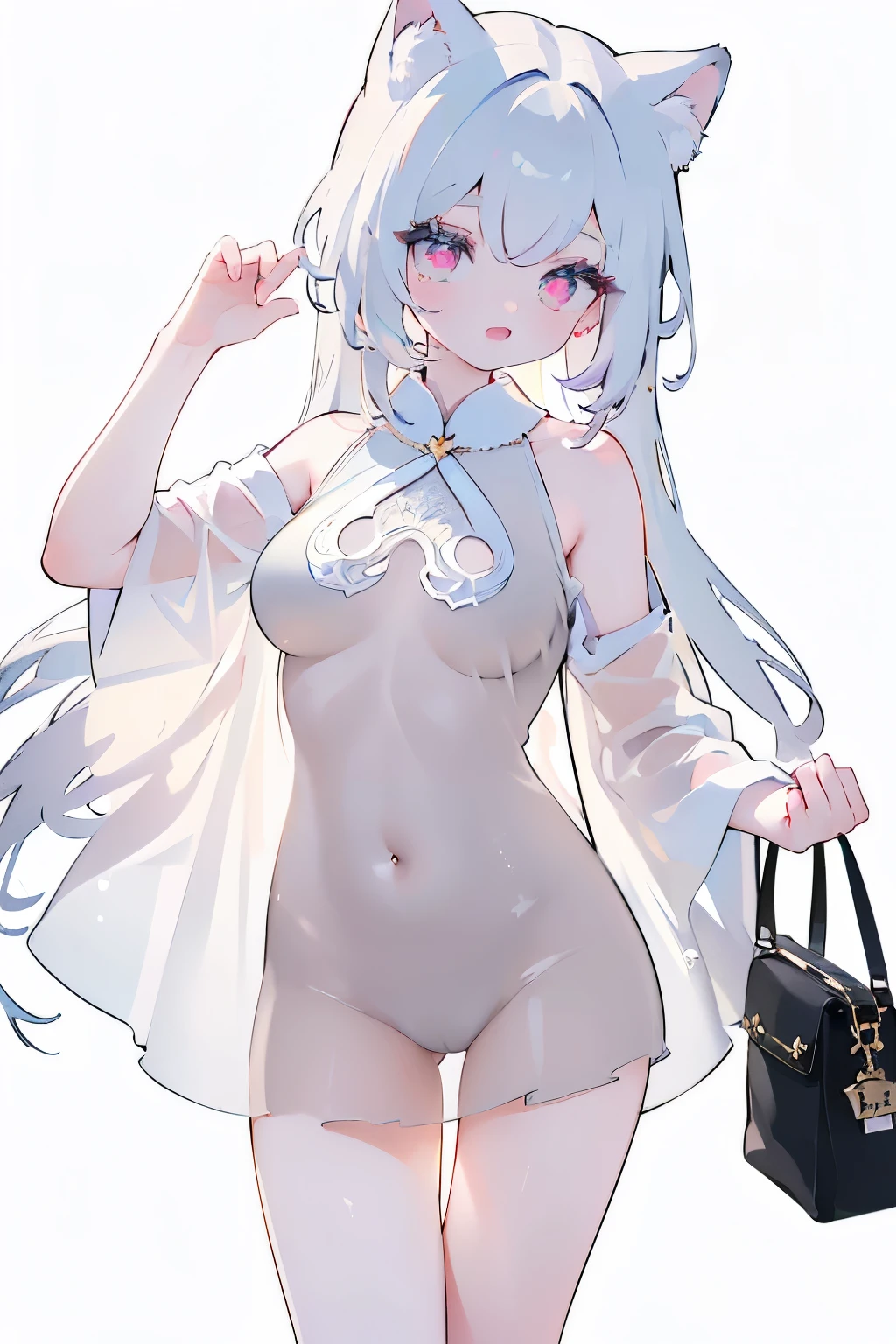 Tsundere 18 year old girl, beautiful and delicate eyes, beautiful lips, very detailed 눈과 얼굴, long eyelashes, 1girl, white cat ears, foot long bag, Front view, Red-eye, (top quality, 4K, 8K, high resolution, masterpiece:1.2), very detailed, (realistic인, realistic인, realistic인, realistic인, realistic: 1.37), very large , elegant, fantasy, white background, black pantiesn see my armpits, brassiere