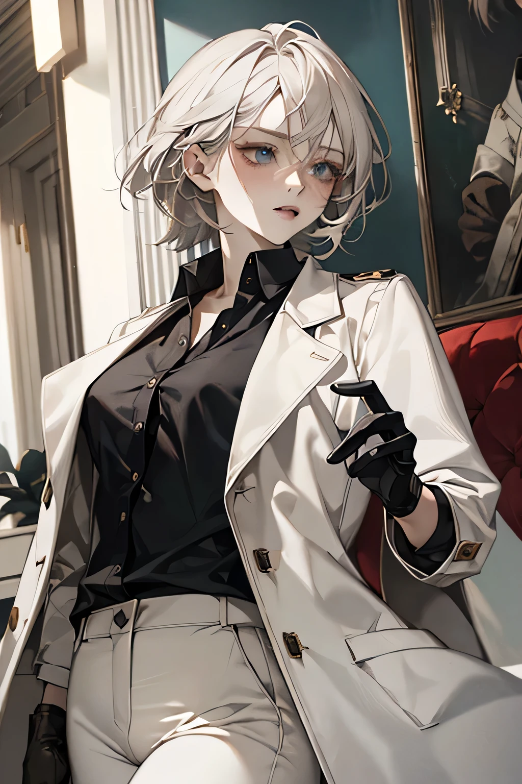 masterpiece, Best quality, A high resolution, mature, One, Female, mafia, black shirt, White pants, black gloves, White coat, Medium hair, gray hair, Light blue eyes