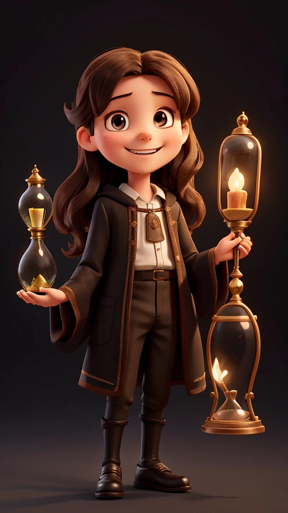 10 year old Jesus smiling with an hourglass, black background, period clothes