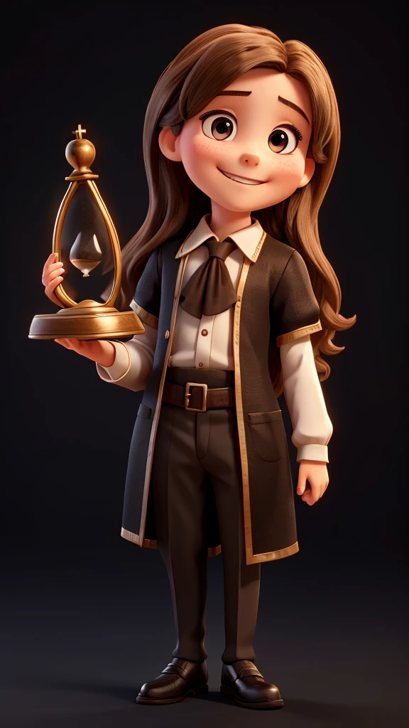 10 year old Jesus smiling with an hourglass, black background, period clothes