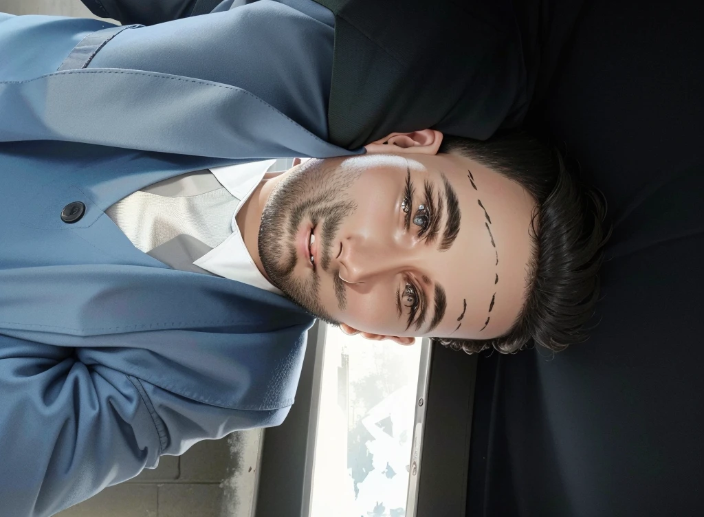 Create a profile image for a YouTube channel that is inspired by a photo of a man with short dark hair and a beard, vestindo um terno. The image must have elements related to survival games, FPS and war games. The background should feature a post-apocalyptic landscape with ruins and wild nature, plus elements of modern warfare, like soldiers, military equipment or battle scenes. The man must be wearing tactical gear or holding a weapon, with a serious and determined expression. Make sure the facial features, including hair, eyeballs, beard and general appearance, are very similar to the photo provided.
