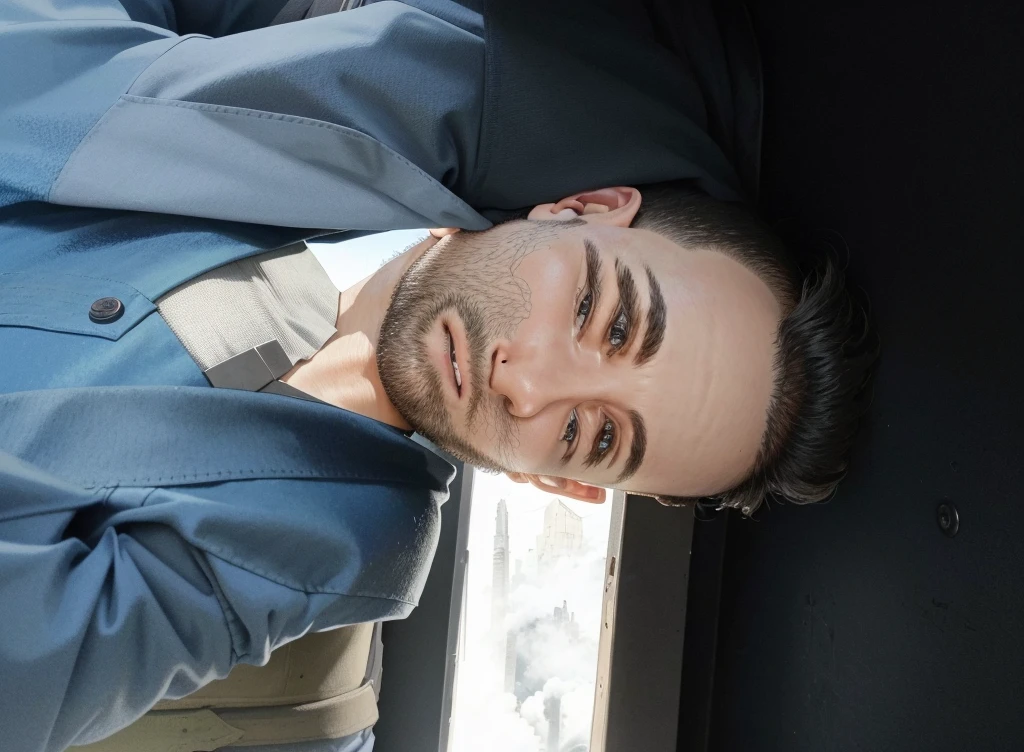 Create a profile image for a YouTube channel that is inspired by a photo of a man with short dark hair and a beard, vestindo um terno. The image must have elements related to survival games, FPS and war games. The background should feature a post-apocalyptic landscape with ruins and wild nature, plus elements of modern warfare, like soldiers, military equipment or battle scenes. The man must be wearing tactical gear or holding a weapon, with a serious and determined expression. Make sure the facial features, including hair, eyeballs, beard and general appearance, are very similar to the photo provided.
