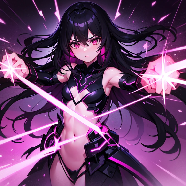into the image, we see a protagonist with long black hair, with big, dark eyes, that shine with an intense pink tone. She's in a dynamic pose, leaping into the air with a black sword engulfed in pink flames, the blade reflecting the light of the full moon. The background is a futuristic city, with dark skyscrapers lit by pink and purple neons. Storm clouds form above, creating a dark and dramatic atmosphere. Ao redor dela, small luminous spirits in shades of pink float, suggesting she possesses supernatural powers. Action lines and motion effects capture the intensity of the moment, making the scene vibrant and full of dark energy with touches of pink.