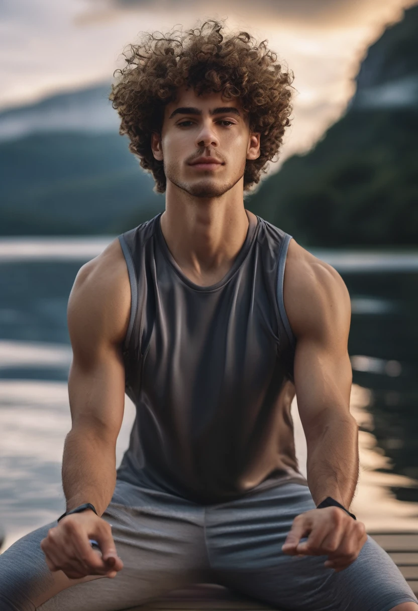 Peaceful portrait of a young man exercising, curly hair. Beautiful scenery, great details,  8k