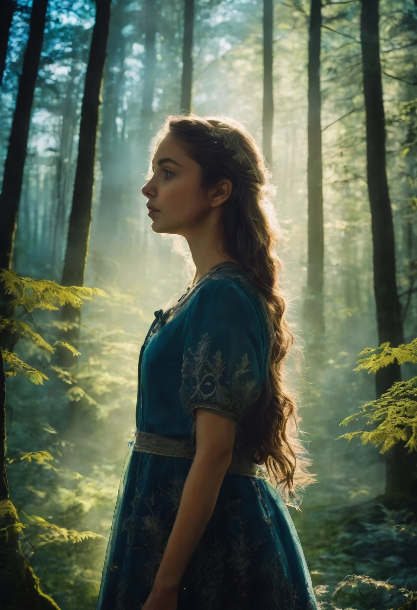 Girl against the backdrop of a magical forest